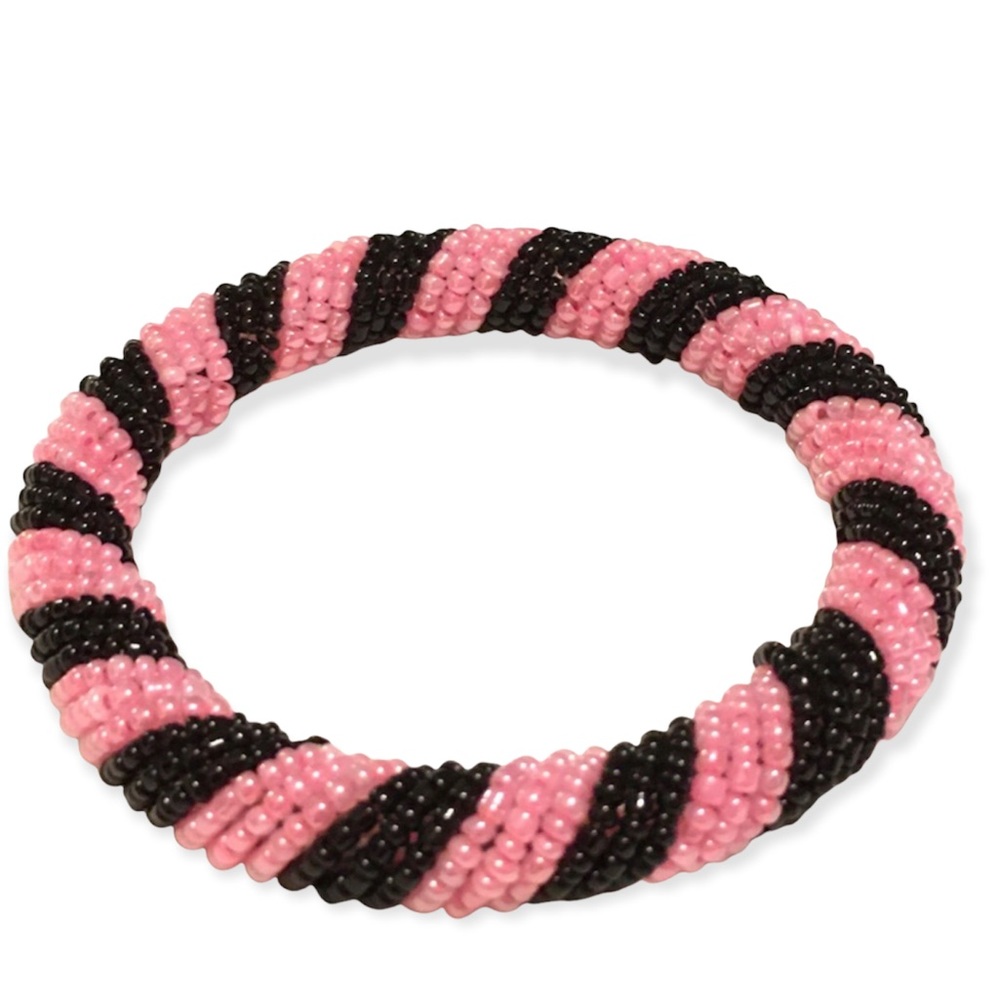 African Handmade Beaded Pink & Black Bracelet